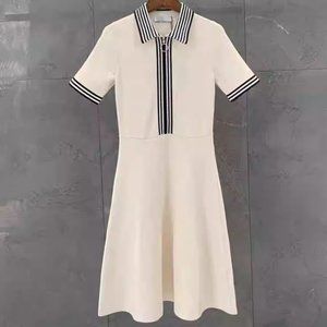 New Women Lady Cream White French Classic Polo collar knitted Dress Skirt